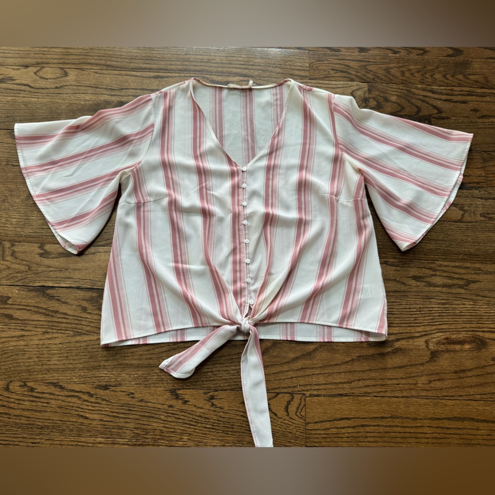 Lush Pink White Stripe Tie Front Blouse Bell Sleeve Size M